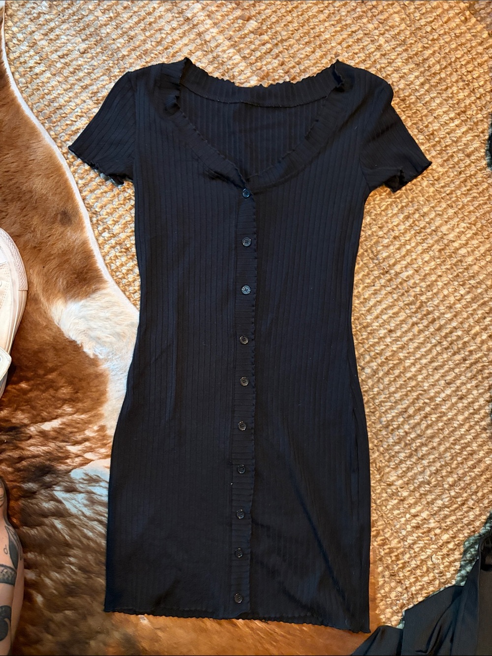Black Ribbed Button-Front Mini Dress with Ruffle Trim